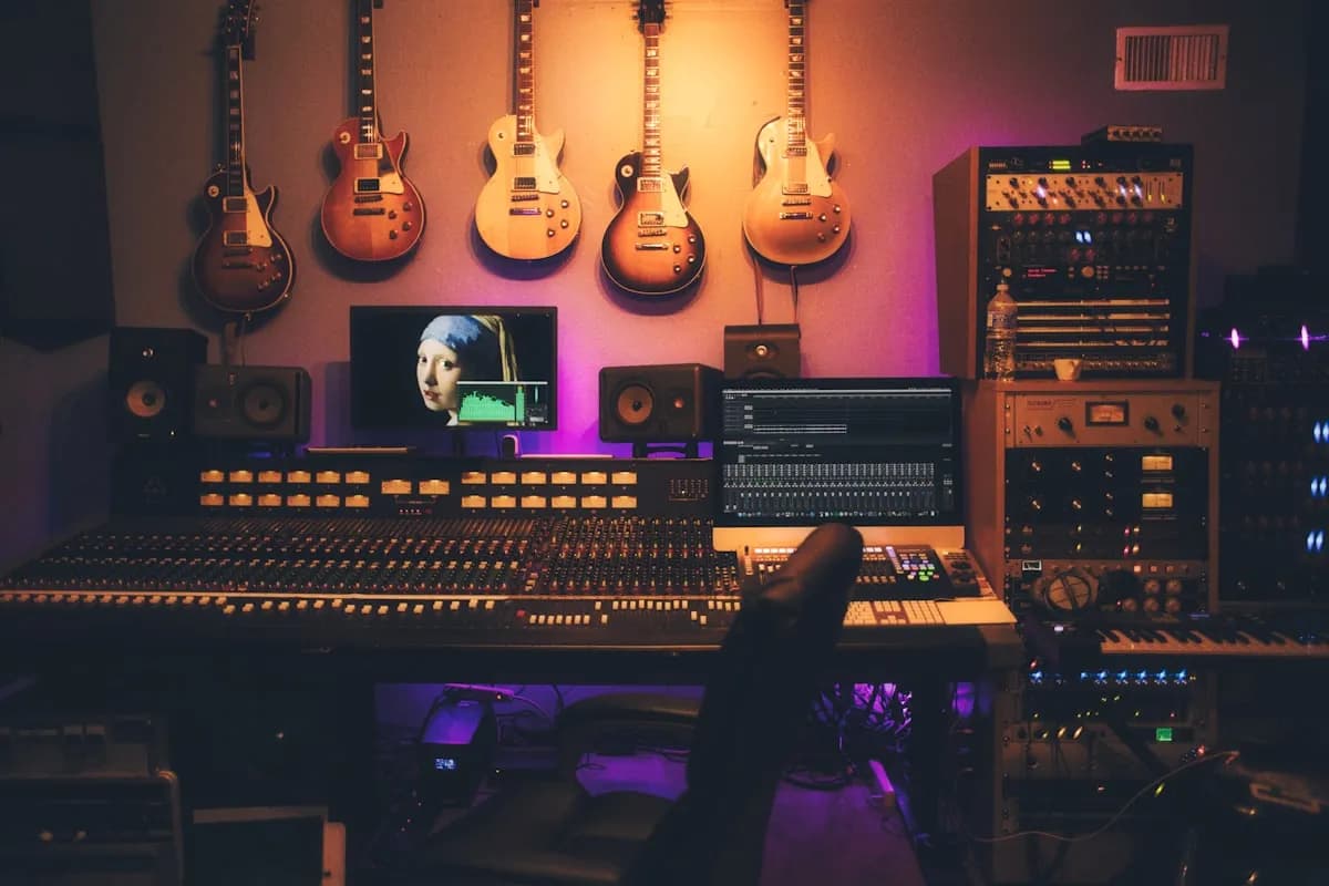 Music production equipment in a recording studio